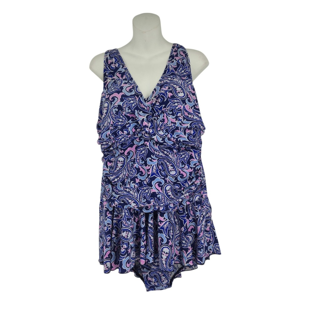 Alisha Levine Swimdress Women 22W Blue Pink Paisley V-Neck Skirted One Piece